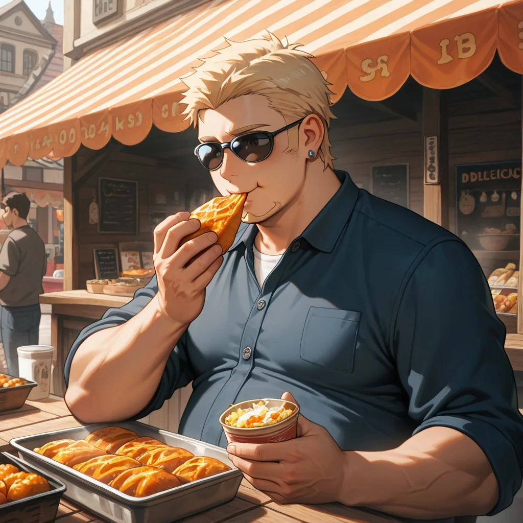 masterpiece, best quality, amazing quality, absurdres, newest, detailed background, definition so sharp, Ultra-HD, 8K cinematic, very awa, impressionate, amazing quality, highres,
solo, male focus, manly,
1boy, short hair, goatee, chubby, rikio_blonde, rikio_brown eyes, rikiokamamoto, sunglasses \(pushed up\), earrings, sideburns, casual outfit, food stall, street market, daytime, warm lighting, delicious, contented, cheerful, foodie, holding food, happy expression, eating,