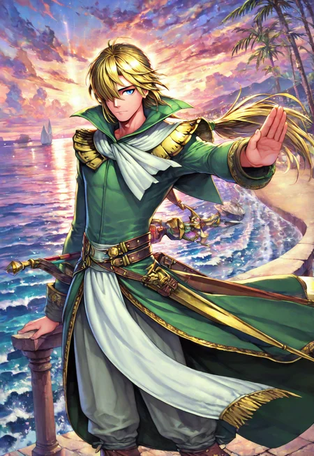 FMIXF, vibrant details, sshdw, colorful, detailed shading, hued shading, soft shadows, GOHAXI, 1boy, male focus, blue eyes, hair over one eye, long hair, blonde hair, tied hair, white neckerchief, (gold shoulder armor, pteruges), (green tailcoat, high collar, gold trim), (pelvic curtain, gold trim), brown belts, solo, masterpiece, best quality, absurdres, outdoors, sea, mountains, trees, cloudscape