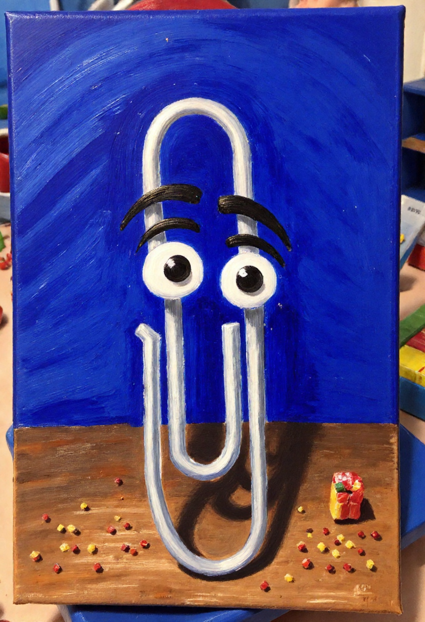 <lora:Thrift_Store_Paintings_FLUX:1><lora:Clippy20_-_Microsoft_Office_F1D:1>
The image is a vibrant, expressive painting on canvas depicting a scene of clippy with big eyes