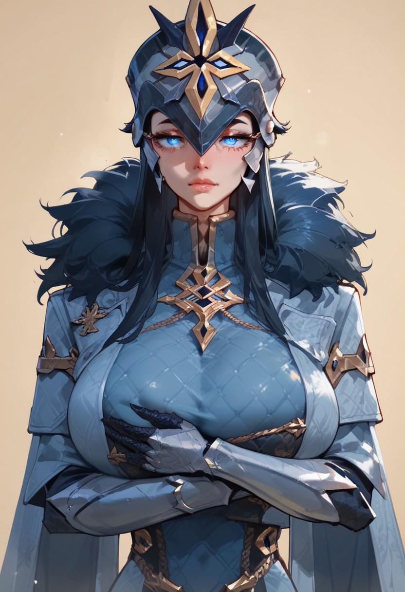 score_9, score_8_up, score_7_up, score_6_up, score_5_up, score_4_up, masterpiece, perfect face, perfect eyes, Expressiveh, BREAK, 
 perfecteyes, big breasts, covered breasts, capitano, black hair, long hair, helmet, winter overcoat, clawed gauntlets