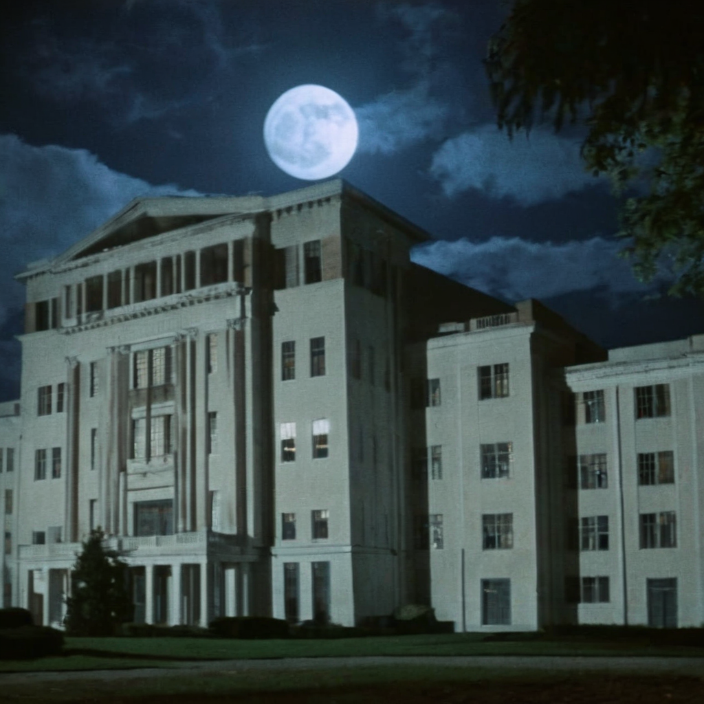 Horror-themed,  <lora:Fright Night 1985 Film Style:1>
Cinematic Wide Shot Film Footage captured by Panavision Cameras and Lenses a large university building with a cloudy dark blue sky and moon above at night, Fright Night 1985 Film Style, Eerie, unsettling, dark, spooky, suspenseful, grim, highly detailed