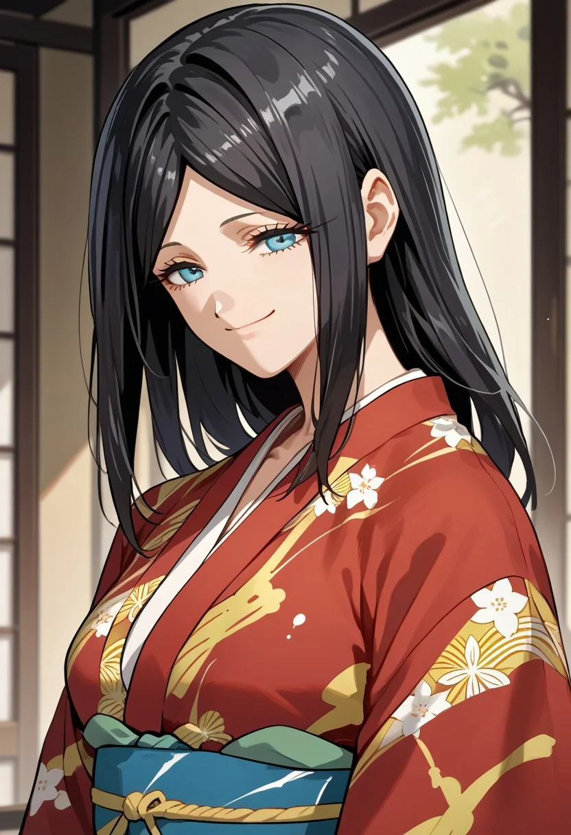 score_9,score_8_up,score_7_up,source_anime, Hana Mitani,1girl,solo,looking at viewer,smile,closed mouth,upper body,japanese clothes,kimono,sash,profile,red kimono,