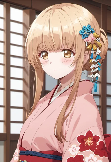 score_9, score_8_up, score_7_up, source_anime, mahiru shiina, blonde hair, long hair, caramel eyes, 1girl, solo, japanese clothes, kimono, hair ornament, pink kimono, blush, floral print, hair flower, flower, upper body, closed mouth