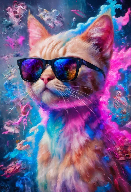 Create a photorealistic close-up image of a cat wearing oversized, pixelated sunglasses, sitting in front of a glowing computer screen filled with vibrant, chaotic internet memes. The cat’s fur is a soft mix of orange and white, with its eyes half-closed in a smug, "I’m too cool for this" expression. The sunglasses are exaggeratedly large, with a retro 8-bit pixel design that perfectly matches the online meme culture. Around the cat, the screen glows with bright neon colors, flashing images of popular internet memes, like "Doge," "Grumpy Cat," and "This is Fine" dog. The background is filled with a mix of computer icons and pixelated graphics, creating a sense of digital chaos. The lighting is a soft glow from the computer screen, casting a gentle blue and purple hue on the cat's fur and enhancing the meme-filled atmosphere. The composition exudes a playful and humorous vibe, blending the charm of the cat with the vibrant and chaotic energy of internet culture. Ultra-quality, 8k, best quality, a masterpiece, award-winning, midjourneyv6.1.