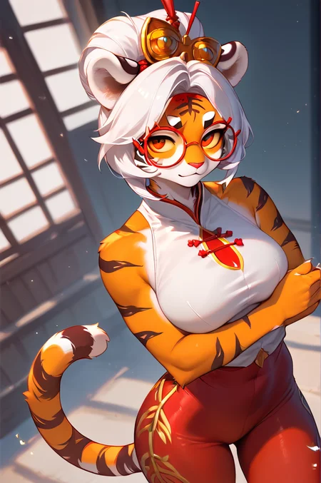 Score_9, Score_8_up, Score_7_up, Score_6_up source_furry,
1girl, red glasses, hair ornament, solo, red headband, white hair, sleeveless shirt, red leggings, red eyes, yellow sclera, bare shoulders, tiger, furry, tiger ears, female_tiger, furry female, bare arms, <lora:purah-pdxl-nvwls-v1:1> <lora:Anthro_Tiger_Lora_for_Pony:0.5>