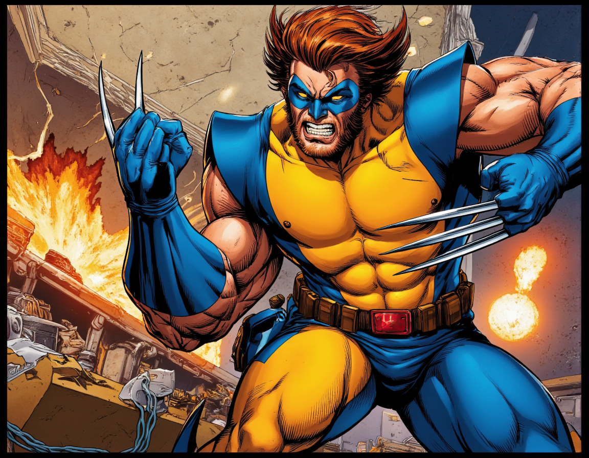 <lora:martoonia:0.65> martoonia, A vibrant, dynamic illustration in the style of classic Marvel cartoons, featuring Wolverine from the X-men, with his iconic yellow and blue costume, standing heroically in a powerful pose. His facial expression is a fierce snarl, showcasing his sharp, pointed teeth and intense, piercing yellow eyes, with a few strands of his brown hair messy and unkempt. His muscular build and rugged skin texture are accentuated by the bright, bold lines and colors of the cartoon style. He wears his signature adamantium claws, gleaming with a metallic sheen, and a utility belt around his waist, complete with various pouches and tools. The background is a blurred, energetic depiction of the X-men's Danger Room, with hints of futuristic training equipment and explosive special effects. The lighting is bright and dramatic, with bold shadows and highlights that emphasize Wolverine's dynamic pose. The shot is a wide-angle, action-packed view, capturing the intensity and energy of the character. The image features a stylized, exaggerated rendering style, with thick lines, vibrant colors, and a sense of kinetic motion, perfectly capturing the essence of the Marvel cartoon aesthetic. The overall mood is one of high-octane action and superhero excitement, with a focus on Wolverine's unstoppable ferocity and unwavering dedication to the X-men. The illustration is framed by a subtle border, with a faint, gradient effect that adds depth and visual interest to the image. The texture is smooth and glossy, with a slight sheen that suggests a high-quality, comic book-style print. The overall effect is a thrilling, action-packed visualization of Wolverine in the classic Marvel cartoon style. . 35mm photograph, film, bokeh, professional, 4k, highly detailed