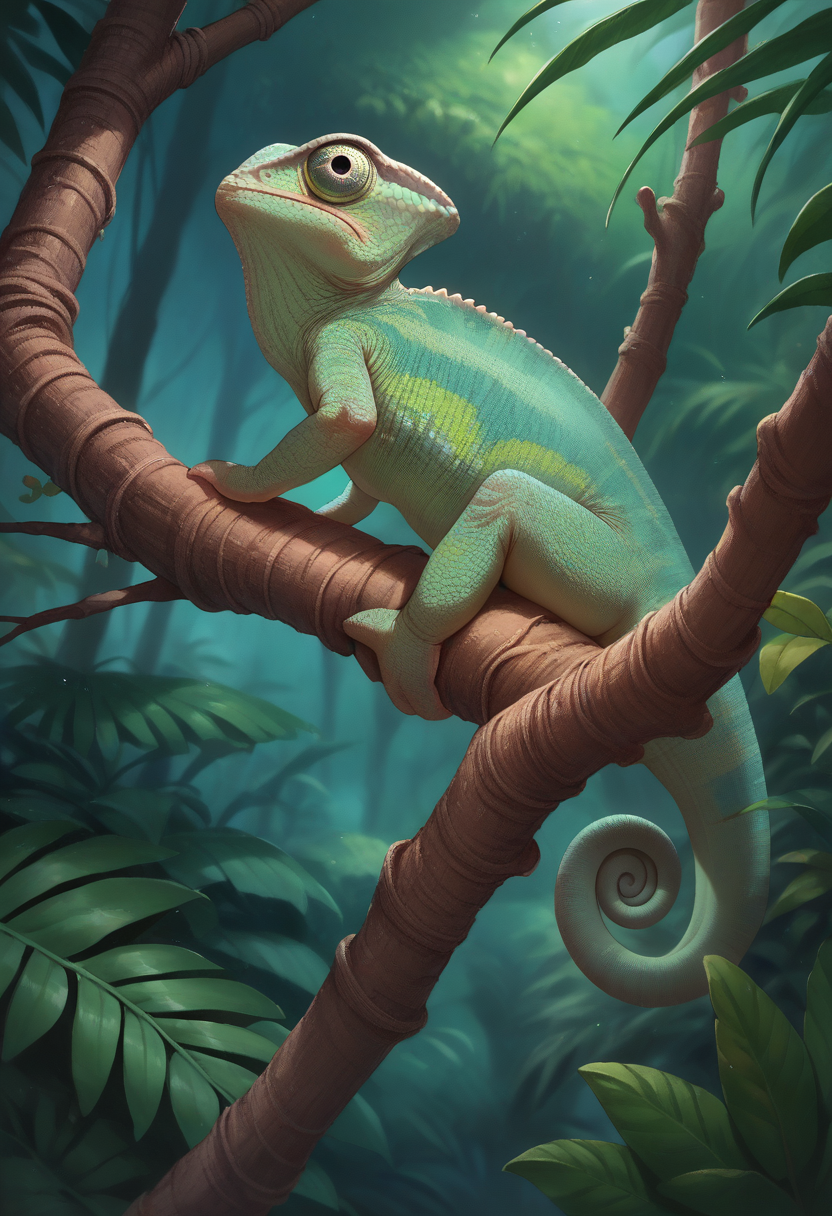 score_9, score_8_up, score_7_up, source_anime, Chameleon, lizard, back spikes, feral, scales, on branch, jungle, night, rainforest, green chameleon, <lora:ChamChameleonPonyXL:1.0>
