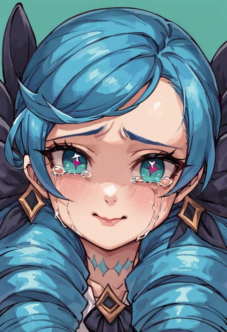 score_9, score_8_up, score_7_up, Gwen, 1girl, solo, long hair, looking at viewer, smile, simple background, bow, twintails, closed mouth, green eyes, blue hair, hair bow, shiny, tears, shiny hair, black bow, drill hair, crying, twin drills, green background, crying with eyes open