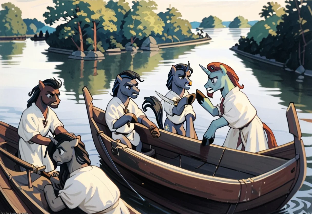 score_9, score_8_up, score_7_up, score_6_up, score_5_up, score_4_up, source_pony, BREAK a painting of multiple ponies on a boat, multiple ponies, 6+male, 6+female, unicorn, pegasus, male, female, water, boat, watercraft, weapon, knife, holding, outdoors, trees, agk_akseligallen-kallela_-_kalevala, traditional media