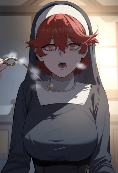 score_9, score_8_up, score_7_up, score_6_up, source_anime, rating_explicit, 1girl, solo, huge breasts,<lora:Jemina prefectPonyxl:1> red hair, red eyes, hair between eyes, freckles, orange eyes, short hair, traditional nun, habit, black dress, long sleeves, surprised, sad, open mouth, Narrow shoulders, heavy breathing, steaming body, catheter, indoors, looking at viewer