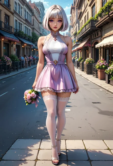 (masterpiece:1.3),(best quality:1.4), HI-RES, HDR,8k resolution, score_9, score_8_up, score_7_up, score_6_up, score_5_up, TSMPK Style, (City Park:1.3), outside, (intricate details, detailed background:1.3), (volumetric light), 1girl, 21yo, gorgeous woman, fair skin, medium tall, (perfect breasts:1.3), beautiful face, detailed face, bright eyes, violet eye color, white hair, (straight hair:1.3), bob cut hair, bangs, detailed hair, pastel colors, silky bodycon dress, high heel sandals, thigh highs, bouquet of flowers