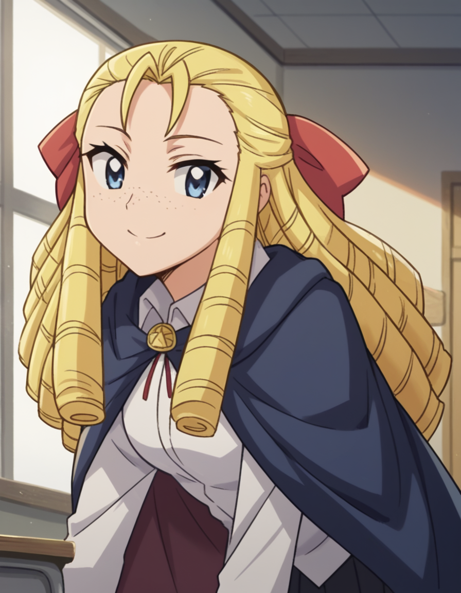 score_9, score_8_up, score_7_up, source_anime,
montmorencymargaritalaferedemontmorency, <lora:montmorency-margarita-la-fere-de-montmorency-s3-ponyxl-lora-nochekaiser_r2:1>,
montmorency margarita la fere de montmorency, long hair, blonde hair, bow, hair bow, drill hair, forehead, freckles, hair pulled back, ringlets,
skirt, thighhighs, long sleeves, collared shirt, white shirt, black skirt, cape,
indoors, classroom, bent over, smile,
looking at viewer, cowboy shot, solo, dutch angle
