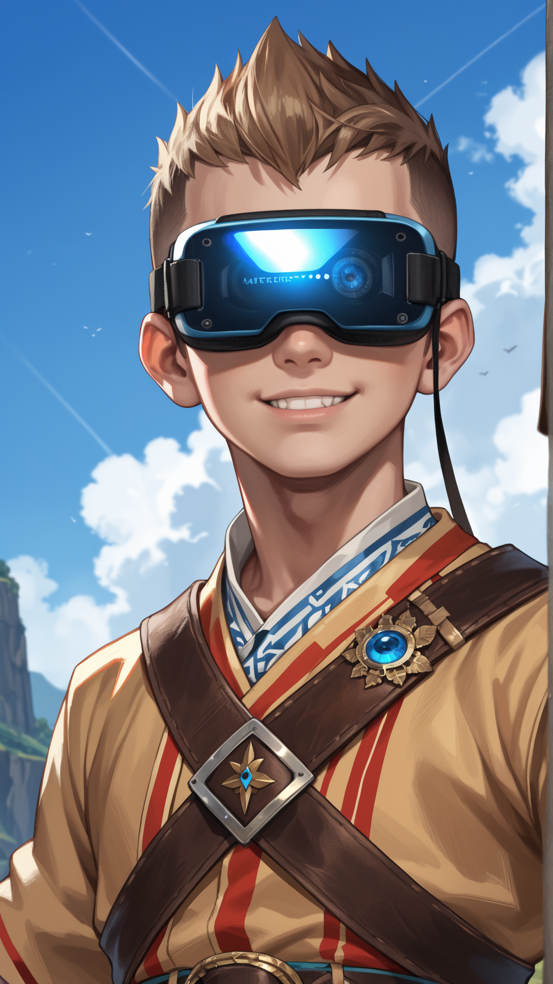 score_9, score_8_up, score_7_up, score_6_up, score_5_up, score_4_up, rating_safe, source_anime, anime style cartoon, source_cartoon, <lora:GoWRAtreusPDXL:1>GoWRAtreus, 12 y-o young boy, solo,  (Virtual reality experience:1.5) in a kaleidoscope canyon location.
Blue eyes and short brown buzzcut. GoWRAtreus is wearing a (yellow:0.5) tunic with leather details. Belts and straps crossing his body. (His waistcloth is red and blue:1.4). GoWRAtreus is wearing brown leather boots. His right arm is bare and has a tattoo. GoWRAtreus expression is Flirty, A playful smile, arched eyebrows, and a slightly tilted head..