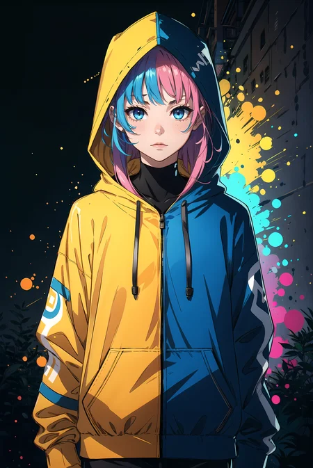 an girl, hoody, upper body, rainbow skin