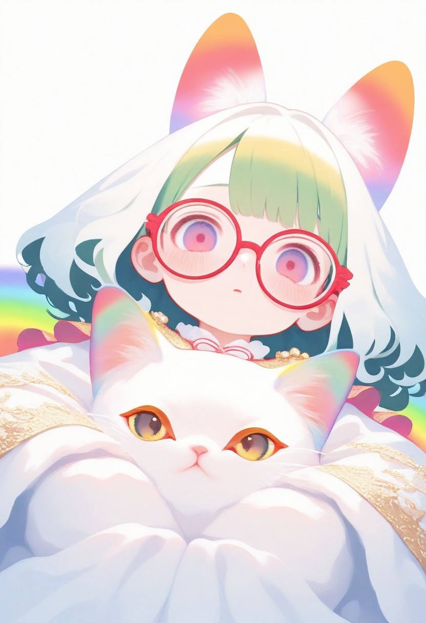 masterpiece, best quality, good quality, very awa, very aesthetic, absurdres, newest, (Perfect details),(****), 1girl, solo, green hair, shy, glasses, ornate clothing, holding cat, (face focus, cat focus):2, full body, foreshortening, perspective, dynamic angle, rainbow fur, white hair, solid color background, haiz_ai, no lineart,no outline