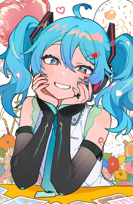 hatsune_miku, 1girl, solo, long_hair, looking_at_viewer, smile, blue_eyes, shirt, hair_ornament, hair_between_eyes, twintails, blue_hair, upper_body, ahoge, heart, necktie, detached_sleeves, sleeveless, nail_polish, grin, sleeveless_shirt, head_rest, black_sleeves, hands_on_own_face, balloon, hands_on_own_cheeks