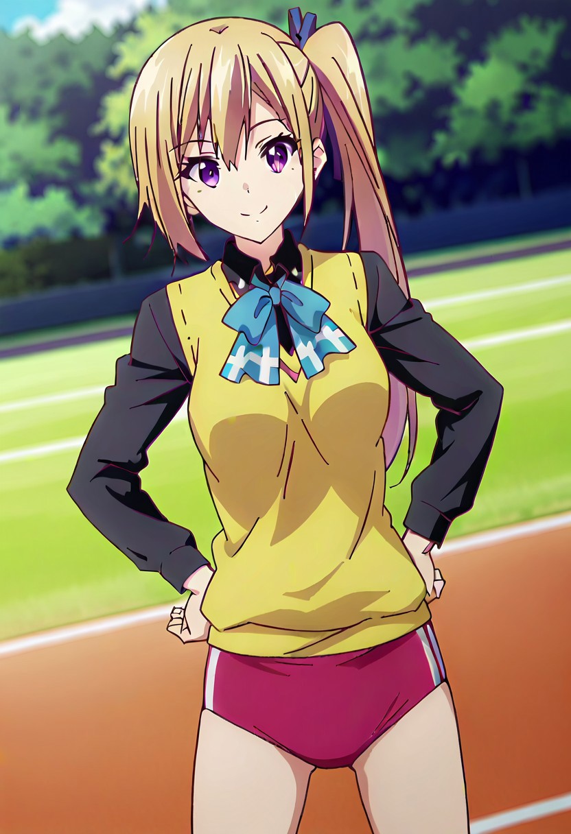 score_9, score_8_up, score_7_up, source_anime BREAK, 1girl, kmai, buruma, solo, mole, purple eyes, mole under eye, side ponytail, long hair, blonde hair, sweater vest, hands on hips, school uniform, ribbon, hair ribbon, smile, flirting, athletics track, looking at viewer, cowboy shot, dutch angle