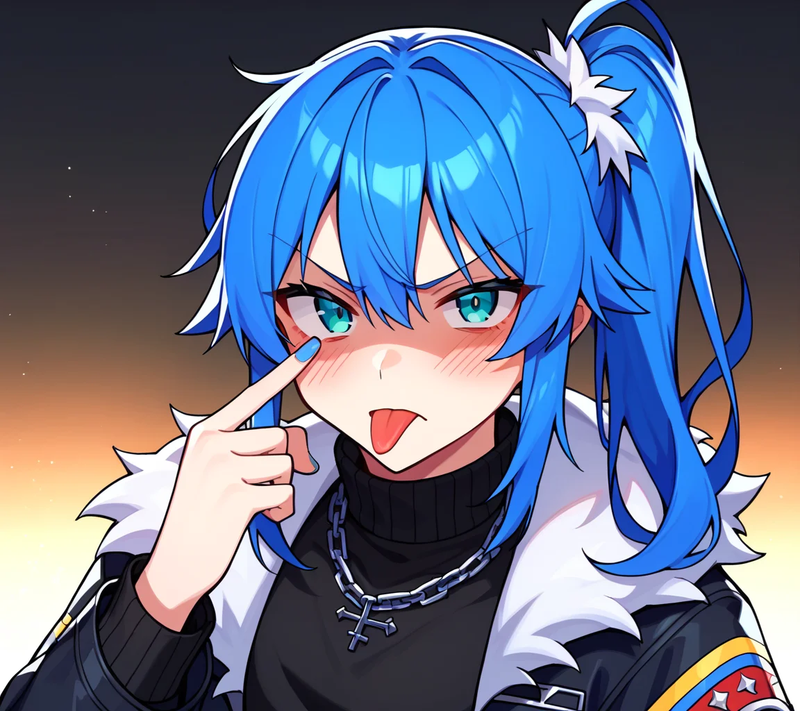 score_9,score_8_up,score_7_up,score_6_up, socre_5_up , source_anime, akanbe, finger to eyelid, eyelid pull, 1girl, tongue out, blue hair, fur-trimmed jacket, looking at viewer, blue nails, side ponytail, hoshimachi suisei, chain necklace, jewelry, blush, fur trim, upper body, hair between eyes, virtual youtuber, nail polish, black sweater, turtleneck, long hair, open clothes, aqua eyes, open jacket, long sleeves, black jacket, black shirt, single raised eyebrow, shaded face, disgust, <lora:akanbe-XL-V1:0.8>