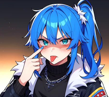 score_9,score_8_up,score_7_up,score_6_up, socre_5_up , source_anime, akanbe, finger to eyelid, eyelid pull, 1girl, tongue out, blue hair, fur-trimmed jacket, looking at viewer, blue nails, side ponytail, hoshimachi suisei, chain necklace, jewelry, blush, fur trim, upper body, hair between eyes, virtual youtuber, nail polish, black sweater, turtleneck, long hair, open clothes, aqua eyes, open jacket, long sleeves, black jacket, black shirt, single raised eyebrow, shaded face, disgust, <lora:akanbe-XL-V1:0.8>