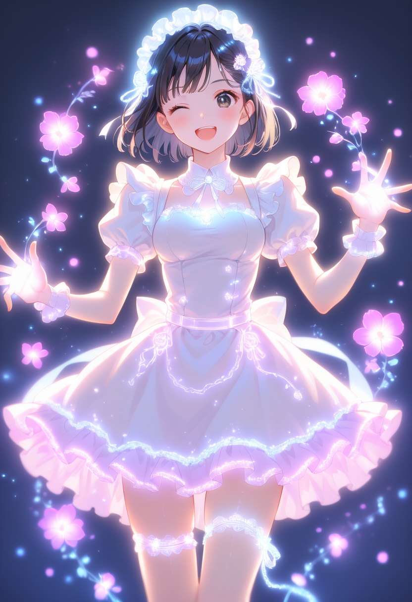 score_9, score_8_up, score_7_up , masterpiece,best quality,amazing quality, very aesthetic, ((outlined outlined vector graphics)), cute face, (glow eyes:0.5) ,   front view ,  looking at viewer ,  looking at viewer ,
1girl,
20yo, black hair, black eyes, short bob hair, hair pin,mdeium  breast, slender,(white thigh strap:1.1)
,
white  clothes, (focus female), smile, action pose, (clothed:1.1), maid, sparkling maid uniforms,glowing, glittring,
 happy,  
wink , (kawaii)  , flowers <lora:spakling-maid-pony-01:1.1>