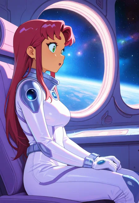 starfire, ultra detailed, masterpiece, best quality, 1girl, solo, adult, indoors, space suit, sitting, seat, windows, futuristic vehicle, space, stars, galaxy, pastel colors, vintage, intricate detailed, finely detailed, amazing detail, from side, smile, :o, awe, shadows, dim lighting, cowboy shot,