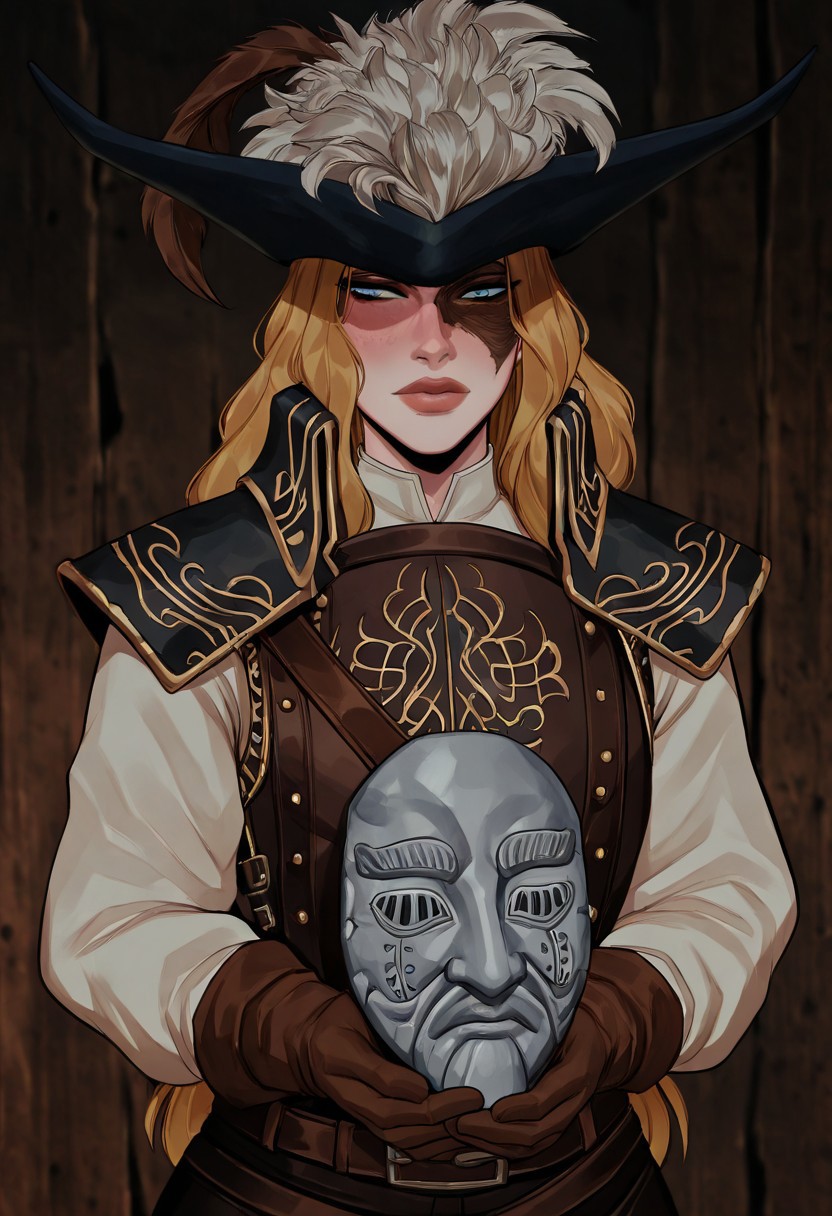 masterpiece, best quality, newest, absurdres, highres, vintage anime, 90s anime, cherry-gig,
1girl, DS2Luc-V1.1, blonde, armor, hat, tricorne, brown gloves, long sleeves, hat feather, blue eyes, long hair,  DS2Luc-V1.1-mask, mask, masked