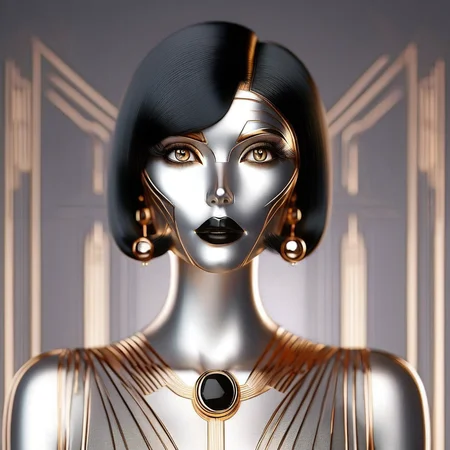 RetroBG, futuristic female android, art deco, metallic skin, bob haircut, gold accents, symmetrical composition, robotic features, sci-fi character, fashion, cyberpunk, high contrast, portrait, golden earrings, digital art, detailed eyes, geometric background, sleek design, silver and gold color scheme, stylized, high resolution <lora:RetroLuxe World Morph:1>