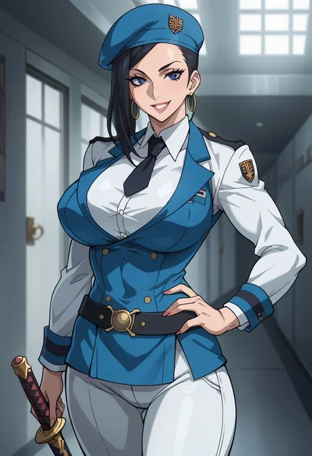 score_9, score_8_up, score_7_up, score_6_up, BREAK,
mkna, standing, hand on hip, wearing (dark military_uniform, beret, tie, white pants, belt, sword), sheath, hoop earrings, large breasts,
torso, beautiful face, (revealing clothes), (tight outfit: 1.3), tall girl, sexy smile, abs, very fit, muscles, toned, huge breasts, slut, whore, round breasts, breasts together,