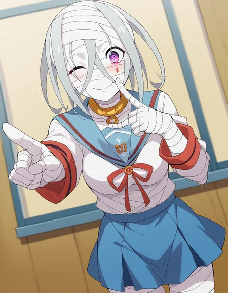 score_9, score_8_up, score_7_up, source_anime, <lora:sirius-romanee-conti-s3-p1-ponyxl-lora-nochekaiser:1>, sirius romanee conti, long hair, purple eyes, white hair, bandages, bandaged head, bandaged neck, bandaged arms, bandaged legs, bandaged hand, bandaged chest, bandaged torso, bandaged wrist, bandaged knees, medium breasts,, <lora:haruhi-suzumiya-cosplay-ponyxl-lora-nochekaiser:1>, haruhisuzumiyacosplay, suzumiya haruhi (cosplay), skirt, long sleeves, school uniform, serafuku, sailor collar, blue skirt, blue sailor collar, winter uniform, kita high school uniform,, classroom, one eye closed, pointing at viewer, smile, blush, , dutch angle, cowboy shot