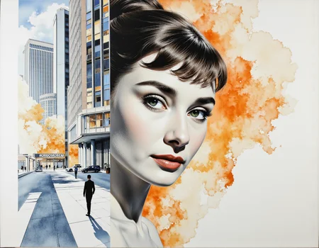 masterpiece, HDR, (finely intricate details:1.4), ultra high resolution, an award-winning hyperrealistic drawing of sks woman, Audrey Hepburn, partially dissolving into swirling urban abstractions in pastel hues, highlighted facial contours with thick confident brushstrokes in watercolor washes between blurred modern architecture elements, subtle transition between the woman and the architectural elements. cool soft atmosphere radiating subtle luminescence and filtered light effects enhancing dreamlike state. Modern urban backdrop with abstract forms, soft mist filtering visibility creating atmospheric perspective, intricate detail captured through expressionist abstract quality resembling a delicate watercolor masterpiece. style reference: inspired by Mary Weatherford's large-scale urban impressionism; enhanced luminosity from atmospheric filtering and blurred edges creating ethereal dreamscapes. <lora:flux_audreyhepburn_v2:0.8>