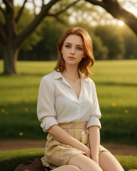 superbloom scenery, 24yo attractive irish redhead, (striking eyes with full limbal ring visible, piercing gaze with prominent limbal rings, large expressive eyes with sharp limbal rings, intense wide eyed stare at viewer:1.4), wide cinematic establishing shot seductive young woman sitting having picnic under tree, (bra strap, cleavage,  young adult irish redhead:1.25), (style of Alessio Albi:1.4), Realist Portraiture, Soft Lighting, Emotional Depth, Simple Compositions, (Layered Depth, Soft focus foreground, Painted Scenery:1.1), alluring feminine physique, short backlit hair, perfect face, thin upper lip, pouting lower lip, thin brows, small upturned nose, bow-shaped lips, Raised Eyebrows, Focused Gaze, eager expression, quaint farm setting, (relaxed country woman), (tight unbuttoned shirt, thin material), subsurface scattering, classic cotton, soft pastel, intricate embroidery collar cuffs, rolled-up sleeves revealing sun-kissed forearms BREAK (blanket:1.15), rich textures, patchwork design, vibrant colors, detailed stitching, homely aesthetic (skirt), elegant rustic charm, subtle floral pattern, linen, sways breeze BREAK ((wildflower wreath)), crown delicate chain necklace, small, intricate pendant, heart-shaped with floral theme, glowing subtly in the soft light, ethereal quality, [lens flare glinting], (mischievous yet content expression), lush green fields in the background, (soft, sunlit ambiance), simple leather boots, carefree hair  <lora:kodak_ultramax_400:0.8> golden hour, soft golden light, pastel sky, relaxed posture, natural smile, earthy colors, candid moment, trees and flowers in background, leading lines, depth of field, slightly off-center framing, warm tones, cinematic look, natural setting, editorial style, soft textures, subtle lighting, peaceful mood