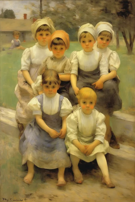 <lora:Theodore Robinson Style:1>Theodore Robinson Style - mary cassatt,A group of children squatted around something