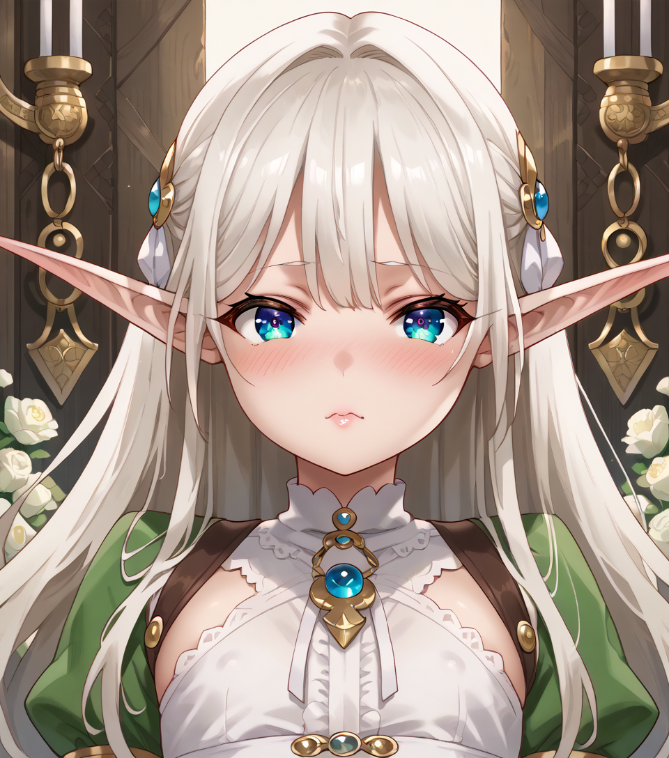 score_9, score_8_up, score_7_up, score_6_up, score_5_up, score_4_up, source_anime, anime screencap, masterpiece, insanely detailed, detailed background, zPDXL3, usagi_nagomu_style, 1girl, solo, long hair, looking at viewer, blush, pointy ears, elf, face focus