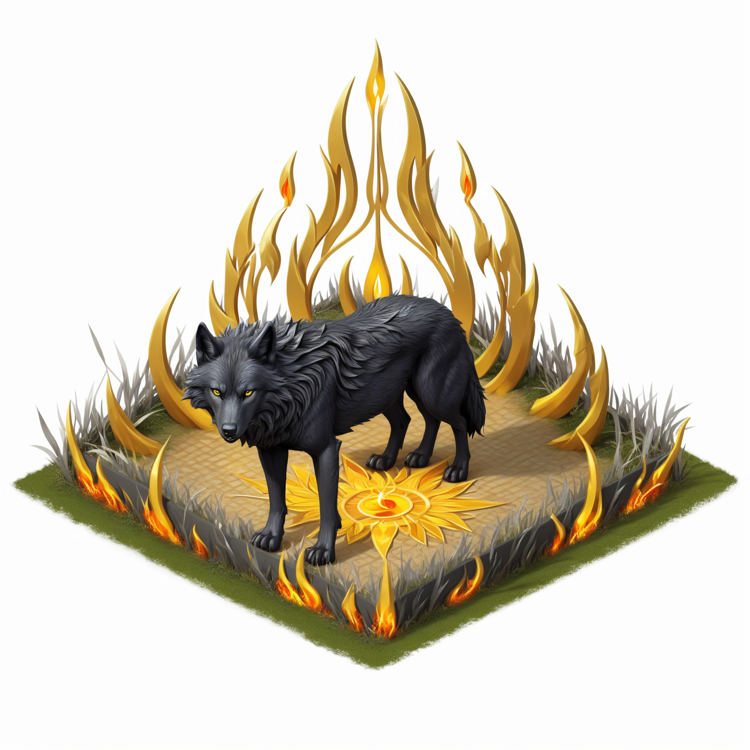(((masterpiece))),(((best quality))),((ultra-detailed)),solo,isometric,
WAM_bd,solo,
A massive black wolf, with a field of silver grass below, surrounded by golden flame patterns,,
(white background, simple background:1.5),fantasy art,
 <lora:WAMå»ºç­æ¨¡å:0.8>