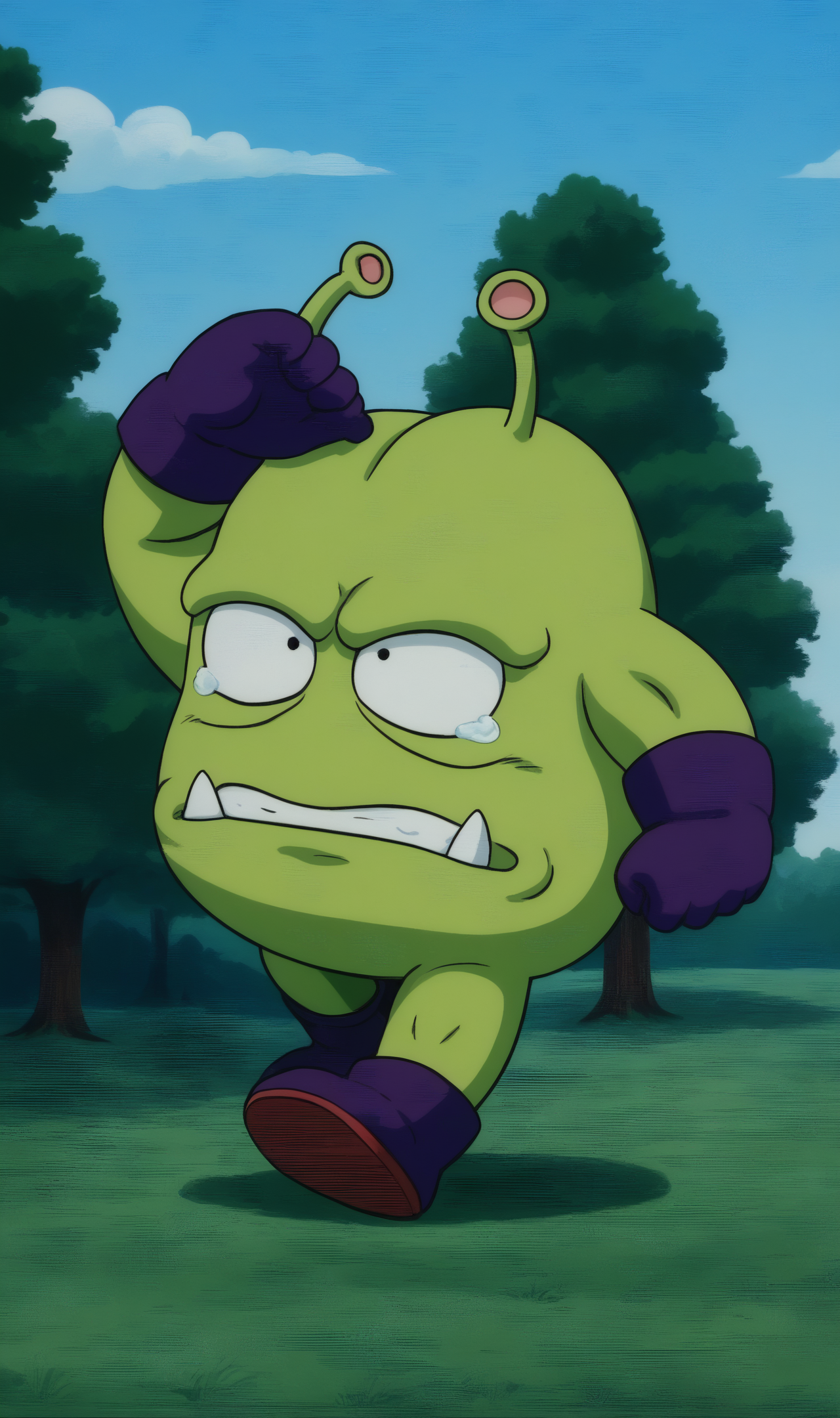 masterpiece,  manga, cartoon, lineart, Japanese cartoon, vivid color, high contrast, 
<lora:Pony_BTT_NICOCHAN_v01A:1.0>alien, nicochan, green skin, finger, very short legs, round body shape, purple gloves, crying, walking, 
outdoors, cloudy sky, sakura tree,