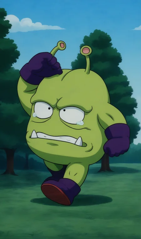 masterpiece, manga, cartoon, lineart, Japanese cartoon, vivid color, high contrast,
<lora:Pony_BTT_NICOCHAN_v01A:1.0>alien, nicochan, green skin, finger, very short legs, round body shape, purple gloves, crying, walking,
outdoors, cloudy sky, sakura tree,