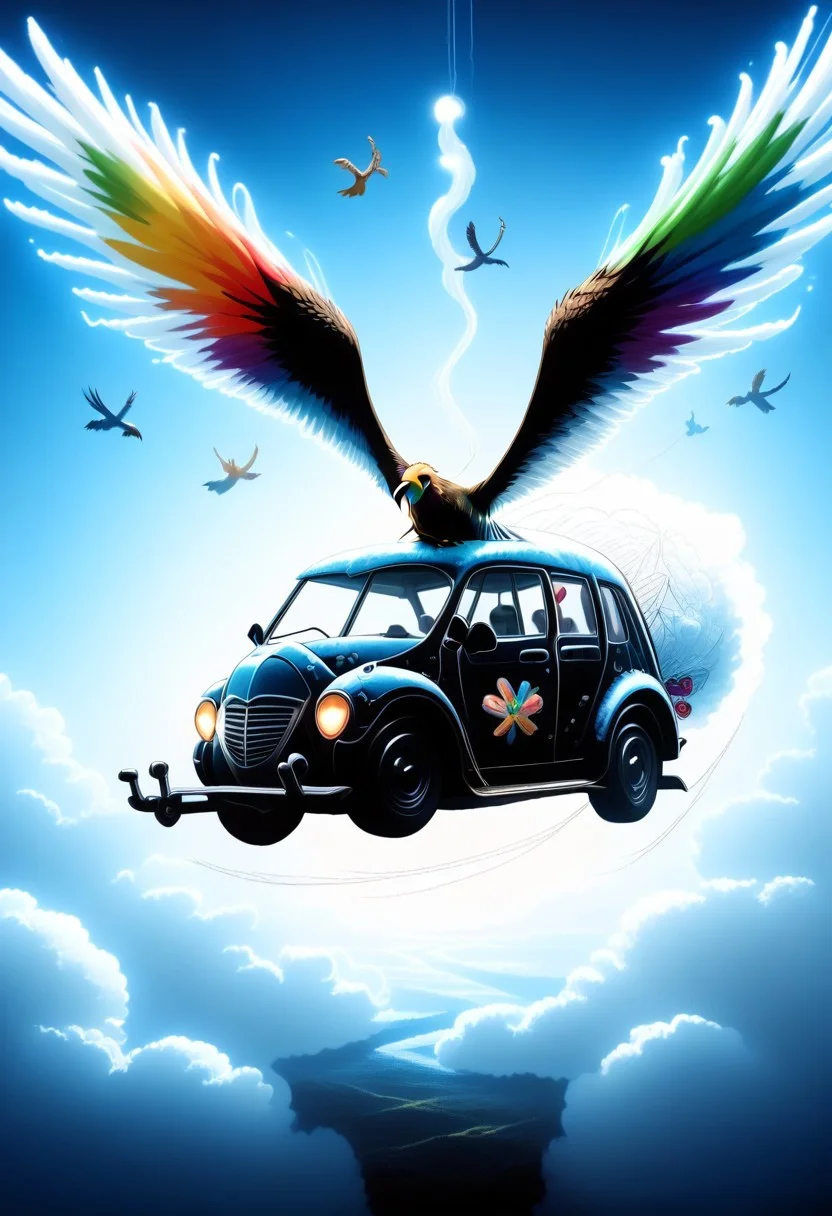ppstorybook, A whimsical, flying van made of shingles with rainbow-colored paint and oversized wheels, soaring through the clouds with balloons made of shingles trailing behind, surrounded by fluffy clouds made of shingles and playful birds made of shingles , depicted in a cheerful, cartoonish style with soft pastel hues. mad-shingles