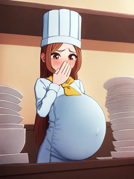 high rating, 1girl, stuffed belly, big belly, stuffed, stuffing, bloated, skinny, hand over mouth, exhausted, Zoryc \(artist\), solo, standing, kt80 \(artist\), distended belly, jamesbee50 \(artist\), ill, full mouth, mouth full, sick, buffet, (empty plates:1.1), cheeks, chef, chef hat, low navel, clothed belly <lora:belly_shape_v1-lr4e-4-8b-4ga-16dim--flip-nte-c_dim8-a8-c_a4-t_drp0.1-drp0.2-wgt_norm10-linear-msnr2_adopt-learned_weight_loss-noob-dora-res0-000049-:1>