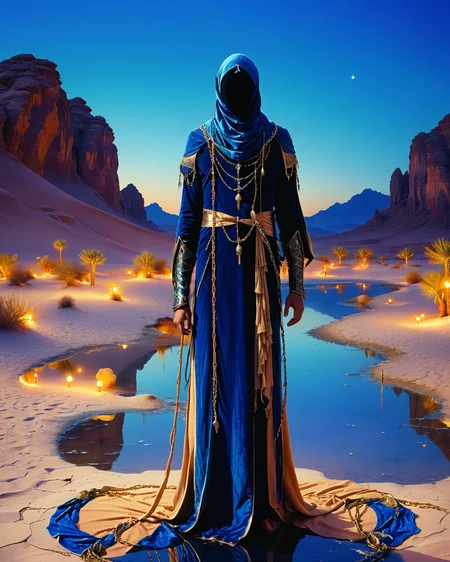 hooded human sorcerer standing at a desert oasis, velvet, chains, water, reflections, blue hour, intense colors, high contrast, camel, warriors, <lora:add-detail-xl:1.0>, <lora:xl_more_art-full_v1:0.4>, <lora:XSfenlie:1> fenliexl, <lora:lora:1>, realistic photo
