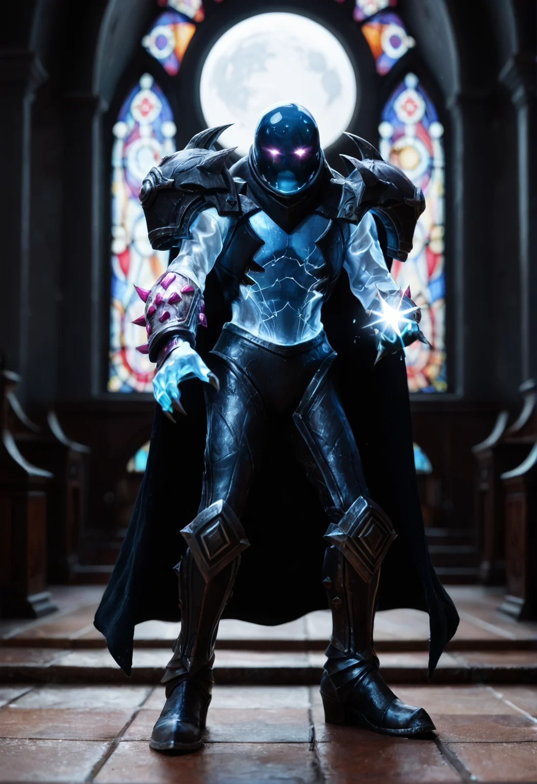<lora:Arc_Warden_v1:1> arc_warden_v1,
1boy, no humans,
glowing,
claws,
armor, cape, helmet,gloves, shoulder armor, boots, gloves,,, score_9, score_8_up, score_7_up, score_6_up, derpibooru_p_95,
detailed eyes, beautiful, detailed background, perfect eyes,
blur censor, blurry, blurry background, blurry foreground, bokeh, motion blur,
chromatic aberration, depth of field, figure, focused, focus
photography, realistic sun light and shadows, photorealism, UHD --ar 9:16 --style raw --stylize 700,
solo,
European architecture,Gothic architecture,European churches,intricate and ornate decorations,towering spires,pointed arches,large windows,large stained glass,cross arches,slender columns,magnificent appearance, in deep night; deep blue; very dark; bright moon; no clouds, priest outfit, __pose/church pose__