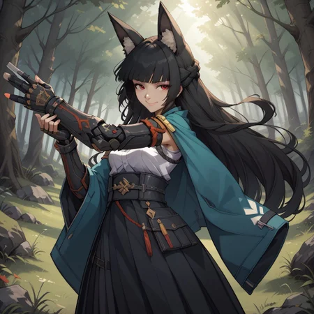 score_9, score_8, BREAK, solo, hoshimi, red eyes, black hair, very long hair, blunt bangs, braid, fox ears, green jacket, jacket on shoulders, single wide sleeves, fingerless gloves, mechanical arm, gauntlets, white shirt, black necktie, id card, black skirt, high-waist skirt, pantyhose, sexy pose, self portrait, smile, outdoors, sunlight, shadows, evening lighting, natural lighting, forest, trees, grass, orange sky, sunset