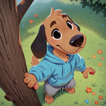 masterpiece, best quality, amazing quality, very aesthetic, absurdres, newest, cute, pikaole, solo, male, anthro, furry, dog, black ears, floppy ears, black eyes, brown fur, blue hoodie, hood down, gray sweatpants, climbing tree, determined, from above, grass, flowers, (depth of field), (4 fingers), <lora:Striker_-_1994_FIFA_World_Cup_Mascot_Illustrious:1.2> <lora:pikaole:1>