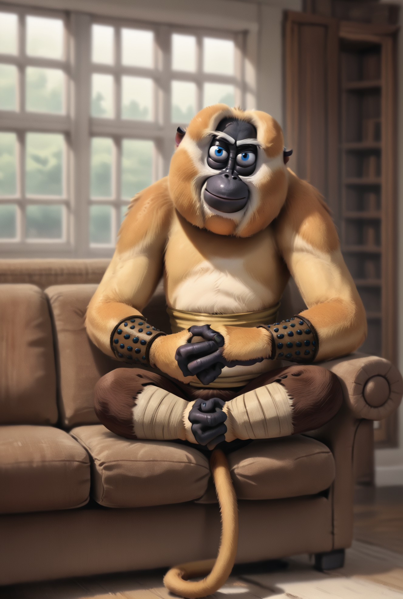 score_9, score_8_up, score_8,
<lora:Master_Monkey_Kung_Fu_Panda_for_PonyXL:0.8> 1boy, monkey, furry male, m4st3rm0nk3y, solo, male focus, tail, blue eyes
parody, source_cartoon,
sitting on couch, living room, window,