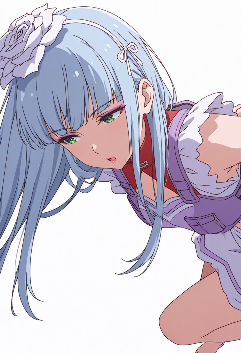Smooth Quality,masterpiece,very intricate, high quality details, ultra realistic, high detailed skin,detailed enviorement,absurdres,
 <lora:Manami_Supernova_CNR:0.8> manami_cnr, 1girl,blue hair, long hair, blunt bangs, green eyes, makeup, lipstick,white flower,hair flower, hair ornament,, simple background, white background, sideways,solo,
one leg extended forward, arms behind back, slight torso twist, weight on back foot  ,, :o,, anorak,  ,tactical vest,  ,suspender skirt,  ,