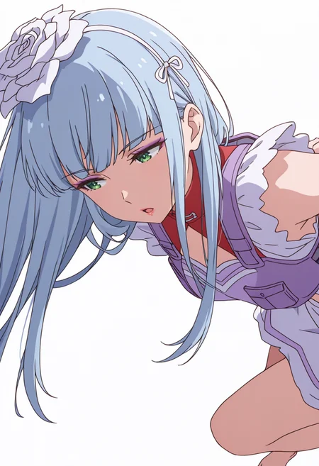 Smooth Quality,masterpiece,very intricate, high quality details, ultra realistic, high detailed skin,detailed enviorement,absurdres,
 <lora:Manami_Supernova_CNR:0.8> manami_cnr, 1girl,blue hair, long hair, blunt bangs, green eyes, makeup, lipstick,white flower,hair flower, hair ornament,, simple background, white background, sideways,solo,
one leg extended forward, arms behind back, slight torso twist, weight on back foot  ,, :o,, anorak,  ,tactical vest,  ,suspender skirt,  ,