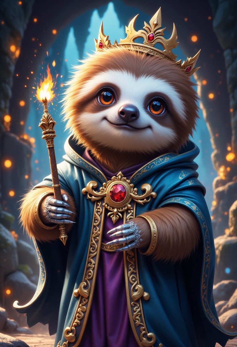 cute sloth king with crown, wearing a mystical magic robe, holding a magic stuff.
In background a mystic cave with magic lights, aidmaMJ6.1