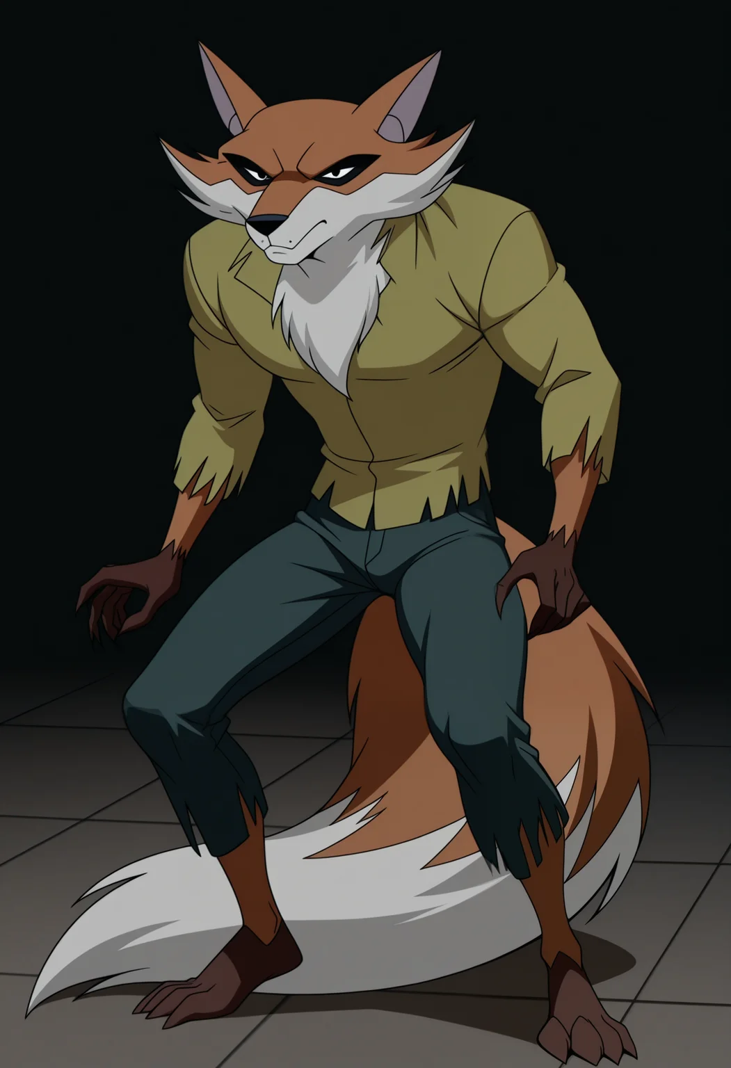 masterpiece,best quality,amazing quality, 1boy, solo, f0x04, fox boy, torn green shirt, dark green pants, tail, full body,