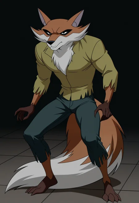 masterpiece,best quality,amazing quality, 1boy, solo, f0x04, fox boy, torn green shirt, dark green pants, tail, full body,