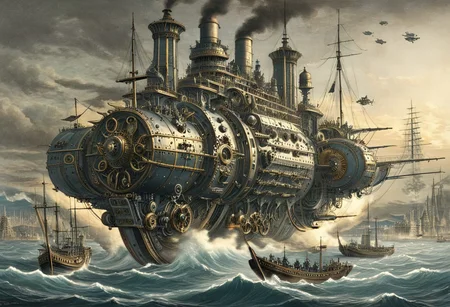 concept-art, engraving of steampunk pre-dreadnough class battleship carrying flying machines, bay of Tokio, 1863 by Gustave Dore and hokusai undertones