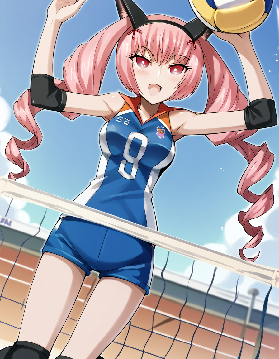 score_9, score_8_up, score_7_up, source_anime, <lora:rumiho-akiha-ingame-ponyxl-lora-nochekaiser:1>, rumiho akiha, long hair, twintails, pink hair, drill hair, twin drills, red eyes, animal ears, cat ears, medium breasts,, <lora:volleyball-spike-ponyxl-lora-nochekaiser:1> volleyball spike, ball, jumping, volleyball (object), volleyball, volleyball net, arm up, looking up,, open mouth, blush, smile, <lora:volleyball-uniform-ponyxl-lora-nochekaiser:1> volleyball uniform, sportswear, elbow pads, elbow sleeve, knee pads, sleeveless, shorts, short shorts,, cowboy shot,, , dutch angle, cowboy shot